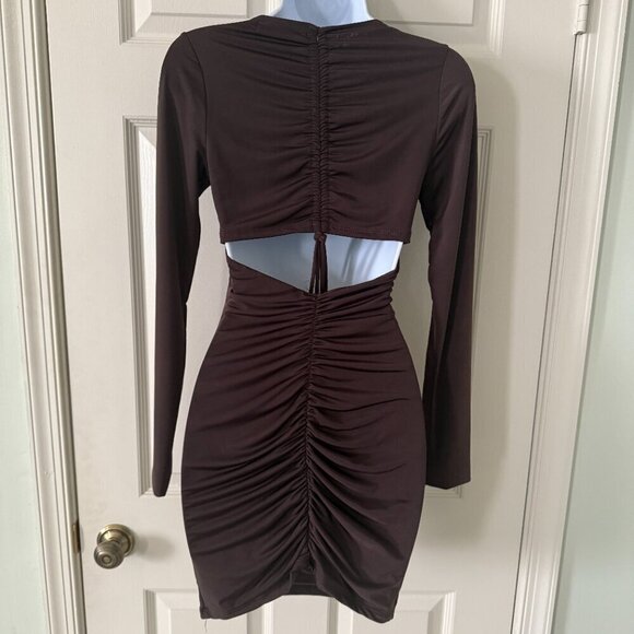 AKIRA Brown Long Sleeve Cutout Ruched Mini Dress New Without Tags S - Picture 4 of 6
